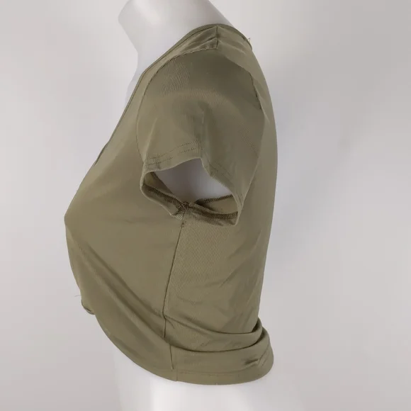 Valleygirl Top Size Med Khaki Green Short Sleeve Crop Ribbed Button Tie-up NEW - Picture 8 of 14